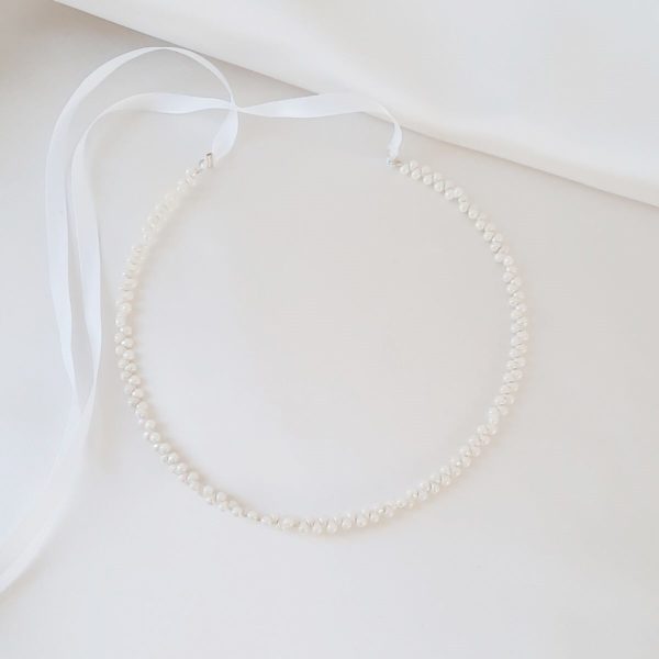 couronne de mariée gouttes de verre ivoire clair et ruban de satin