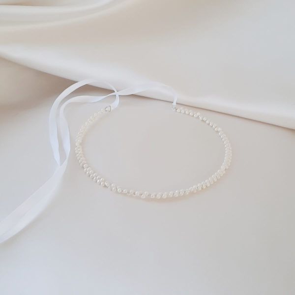 couronne de mariée gouttes de verre ivoire clair et ruban de satin