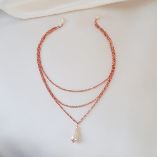ornement de cheveux chaine dorée rose pour coiffure de mariée , gouttes de verre nacrées