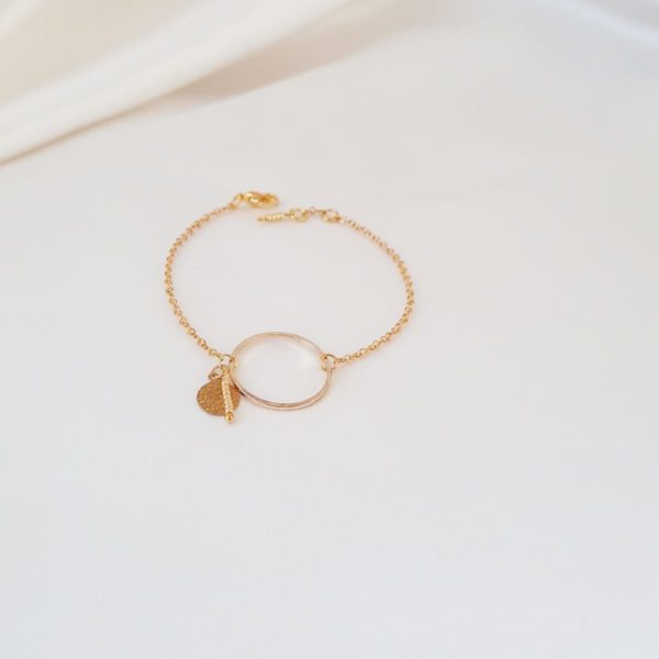 bracelet-mariée-cercle-doré bracelet de mariée moderne, chaine dorée et cercle, perles et sequins