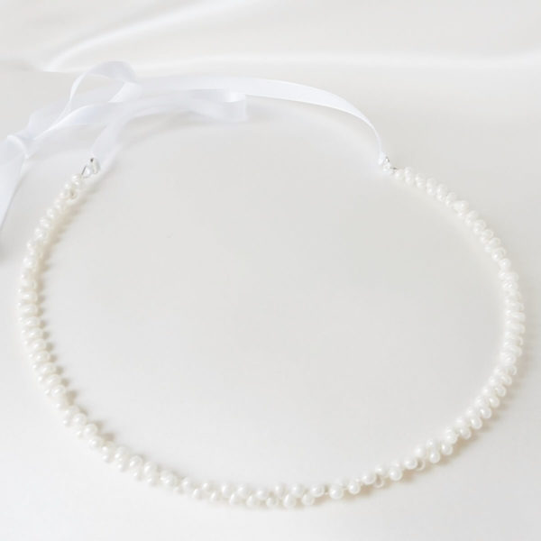 couronne de mariée gouttes de verre ivoire clair et ruban de satin