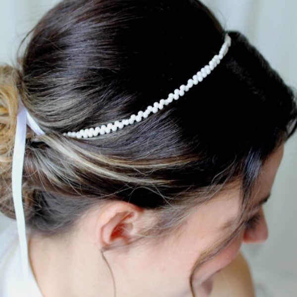 couronne de mariée gouttes de verre ivoire clair et ruban de satin