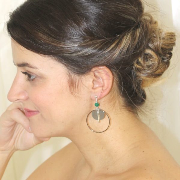 boucles d'oreilles casual pour mariée , cercle argentée et sequin