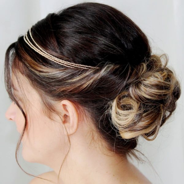 headband de mariée bohême chic sur trois rangs en perles de rocailles couleur champagne