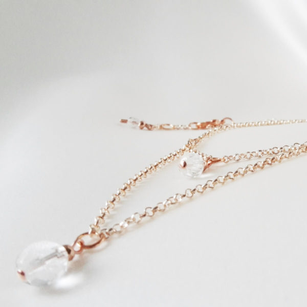 collier de mariée intemporel double chaine dorée rose, hématites synthétiques et perles à facettes