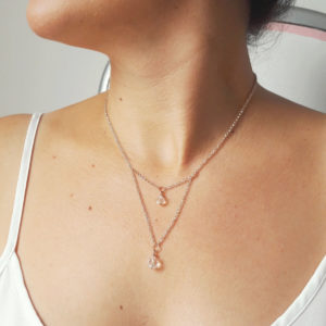 collier de mariée intemporel double chaine dorée rose, hématites synthétiques et perles à facettes