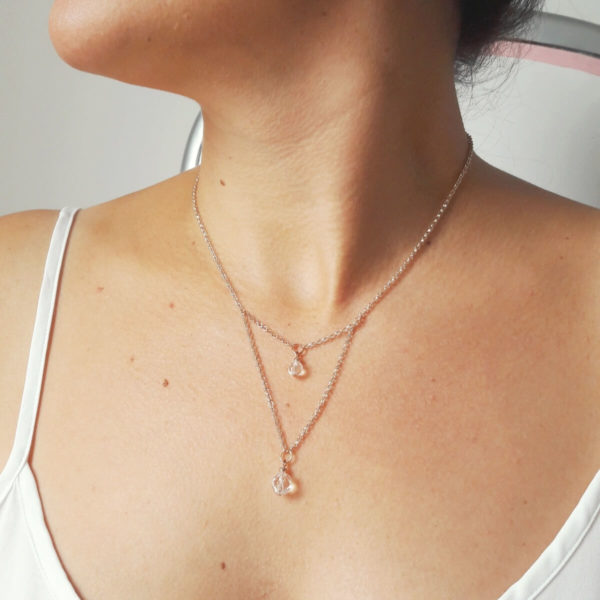 collier de mariée intemporel double chaine dorée rose, hématites synthétiques et perles à facettes