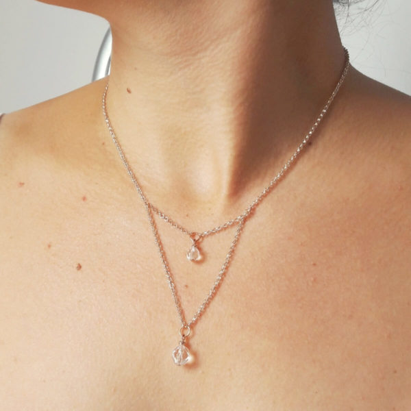 collier de mariée intemporel double chaine dorée rose, hématites synthétiques et perles à facettes