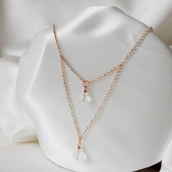 collier de mariée intemporel double chaine dorée rose, hématites synthétiques et perles à facettes