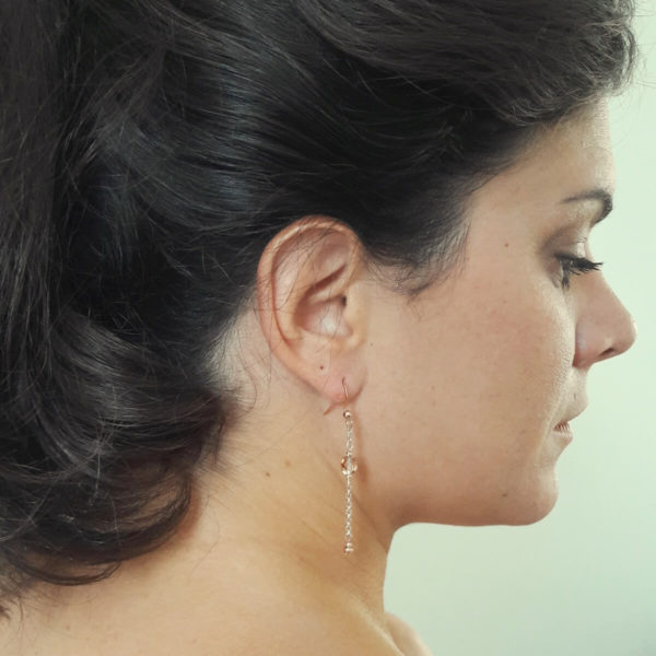 boucles-oreilles-mariée-pendantes-doré rose boucles d'oreilles de mariée pendantes fine chaine dorée rose et perles à facettes