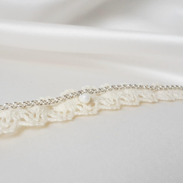 headband de mariée vintage, dentelle de coton crème et chaine dorée rose