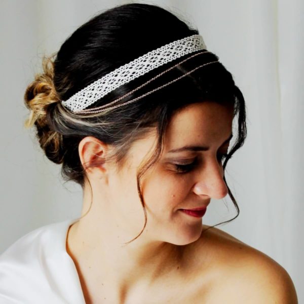 headband-mariée-dentelle-vintage-chic headband de mariée vintage, dentelle de coton crème et chaine dorée rose