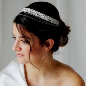 headband de mariée vintage, dentelle de coton crème et chaine dorée rose