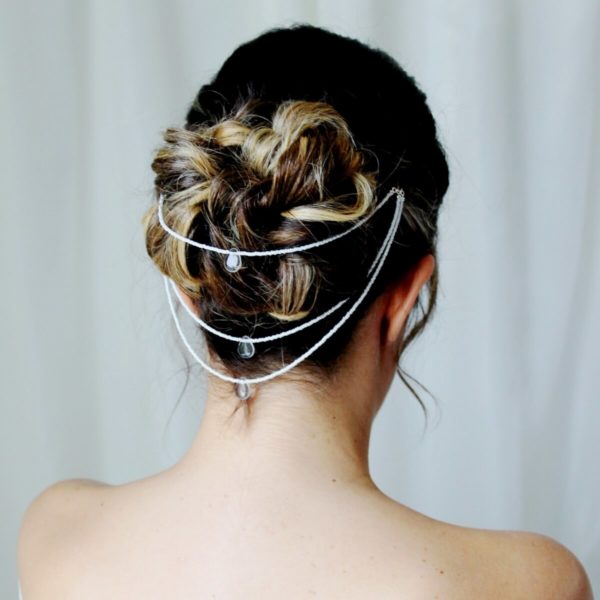ornement de cheveux pour coiffures de mariée perles de rocailles sur trois rangs et gouttes de verre