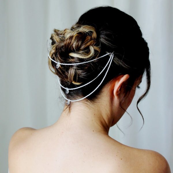 ornement de cheveux pour coiffures de mariée perles de rocailles sur trois rangs et gouttes de verre