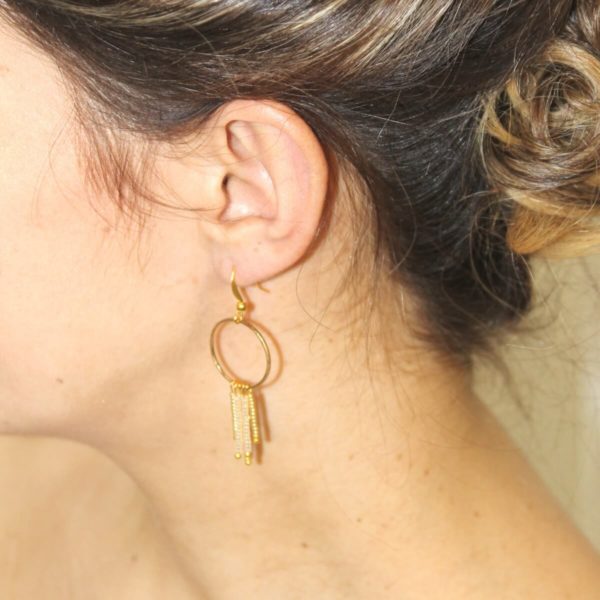 boucles d'oreilles de mariées cercle et perles de rocaille dorées et opales dorées